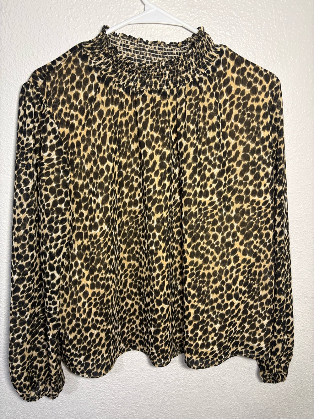 J. Crew Leopard Print Smocked Neck Long-Sleeve Blouse - Tan & Black Size Large